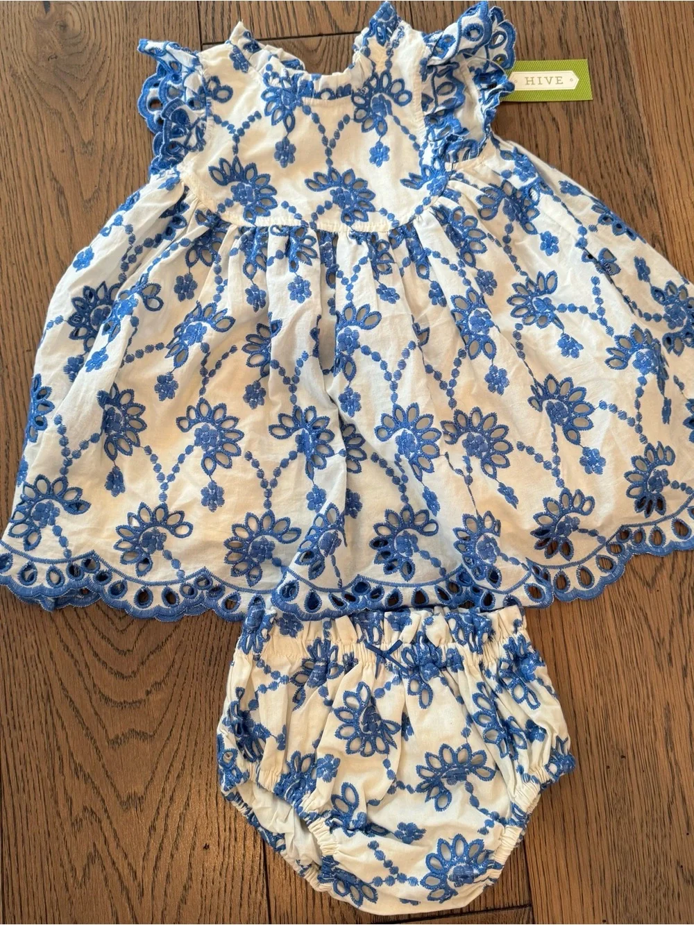 Pink Chicken Cynthia Dress 12-18M Blue Eyelet Embroidered Dress + Bloomer NWT